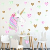 Stickerkamer® - unicorn - eenhoorn - 36-delig muurstickers - hartjes - roze - groen - goud- wanddecoratie - babykamer - kinderkamer - jongen - meisjes