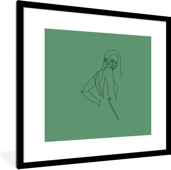 Fotolijst incl. Poster – Vrouw – Groen – Line art – 40×40 cm – Posterlijst