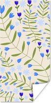 Poster Bloem - Bladeren - Blauw - 75x150 cm