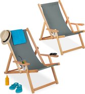 Relaxdays houten strandstoel - set van 2 - armleuningen - inklapbare ligstoel - klapstoel