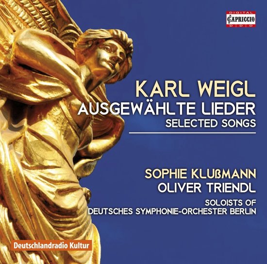 Gouden engel sculptuur op blauwe achtergrond met tekst "KARL WEIGL AUSGEWÄHLTE LIEDER SELECTED SONGS".
