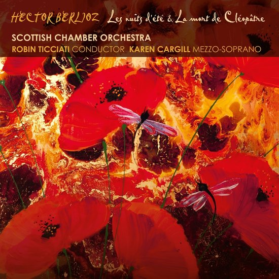 Rode klaprozen met libellen op een oranje en gouden achtergrond. Hector Berlioz, Les nuits d'été & La mort de Cléopâtre.