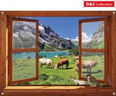 D&C Collection - tuinposter - 90x65 cm - Bruin luxe venster met bergwei, koeien, bergen, mus - tuin decoratie - tuinposters buiten - schuttingposter - tuinschilderij
