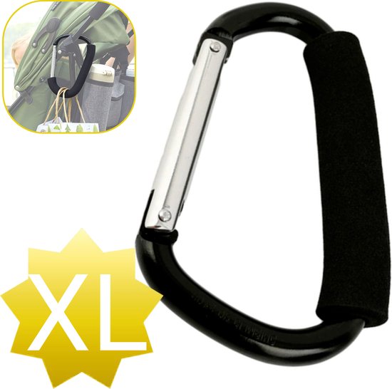 XL karabijnhaak met zwarte schuimrubberen grip, ideaal voor kinderwagens. Afmeting 20cm.