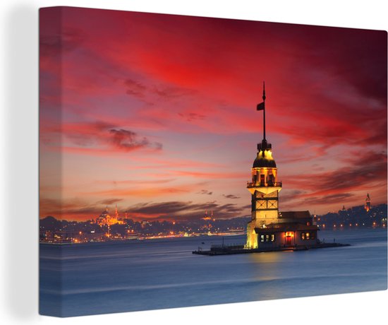 Foto: Canvas schilderij zonsondergang bij maiden s tower in de bosporus in istanbul turkije 120x80 cm wanddecoratie