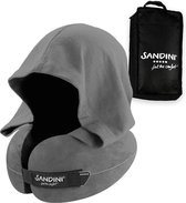 SANDINI TravelFix HOODIE Regular Size - Premium reiskussen met sluiting/nekkussen met ergonomische ondersteuningsfunctie en geïntegreerde kap - Gratis transporttas met bevestigings