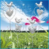 Metalen tuinsteker Vogel + hart + vlinder - hartvorm - zilver - hoogte 79 cm x dia 10 x 1 cm - Tuindecoratie - tuinstekers