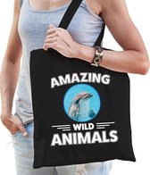 Katoenen tasje dolfijn - zwart - volwassen + kind - amazing wild animals - boodschappentas/ gymtas/ sporttas - dolfijnen fan