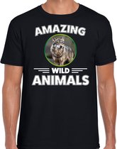 T-shirt wolf - zwart - heren - amazing wild animals - cadeau shirt wolf / wolven liefhebber S