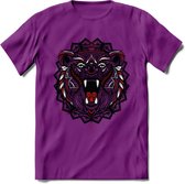 Beer - Dieren Mandala T-Shirt | Rood | Grappig Verjaardag Zentangle Dierenkop Cadeau Shirt | Dames - Heren - Unisex | Wildlife Tshirt Kleding Kado | - Paars - L