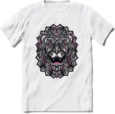 Leeuw - Dieren Mandala T-Shirt | Roze | Grappig Verjaardag Zentangle Dierenkop Cadeau Shirt | Dames - Heren - Unisex | Wildlife Tshirt Kleding Kado | - Wit - L