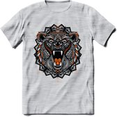 Beer - Dieren Mandala T-Shirt | Oranje | Grappig Verjaardag Zentangle Dierenkop Cadeau Shirt | Dames - Heren - Unisex | Wildlife Tshirt Kleding Kado | - Licht Grijs - Gemaleerd - X