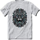 Leeuw - Dieren Mandala T-Shirt | Lichtblauw | Grappig Verjaardag Zentangle Dierenkop Cadeau Shirt | Dames - Heren - Unisex | Wildlife Tshirt Kleding Kado | - Licht Grijs - Gemaleer