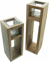 Home&Deco Set woody houten windlichthouders-11x11x40 cm 7x7x8 cm