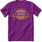 Premium Since 1946 T-Shirt | Zilver - Goud | Grappig Verjaardag en Feest Cadeau Shirt | Dames - Heren - Unisex | Tshirt Kleding Kado | - Paars - S