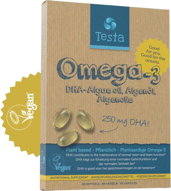 Testa Omega-3 Algenolie - 250 mg DHA - Hoge Concentratie Vegan Omega 3 - Zuiverder dan Visolie - 60 Capsules (2 Maanden Voorraad)