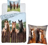 Dekbedovertrek 3 Paarden- 1 persoons- 140x200- Katoen- dekbed paard- 3 Horses, incl. Paarden Sierkussen 40x40cm.