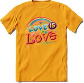 Love Is Love | Pride T-Shirt | Grappig LHBTIQ+ / LGBTQ / Gay / Homo / Lesbi Cadeau Shirt | Dames - Heren - Unisex | Tshirt Kleding Kado | - Geel - L