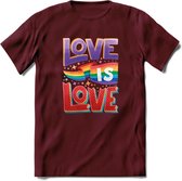 Love Is Love | Pride T-Shirt | Grappig LHBTIQ+ / LGBTQ / Gay / Homo / Lesbi Cadeau Shirt | Dames - Heren - Unisex | Tshirt Kleding Kado | - Burgundy - L