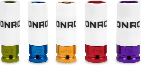 VONROC de douilles - Universel - ½ Pouce - 5 pièces : 15, 17, 19, 21 et 22mm | Avec manchon de protection en téflon