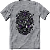 Wolf - Dieren Mandala T-Shirt | Paars | Grappig Verjaardag Zentangle Dierenkop Cadeau Shirt | Dames - Heren - Unisex | Wildlife Tshirt Kleding Kado | - Donker Grijs - Gemaleerd - S