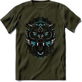 Wolf - Dieren Mandala T-Shirt | Lichtblauw | Grappig Verjaardag Zentangle Dierenkop Cadeau Shirt | Dames - Heren - Unisex | Wildlife Tshirt Kleding Kado | - Leger Groen - XL
