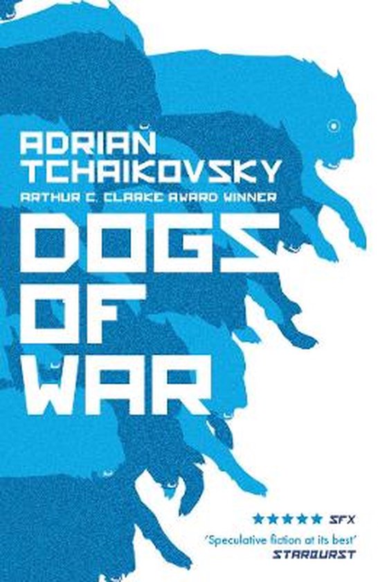 Boekomslag van 'Dogs of War' met blauwe silhouetten van honden en de titel in witte blokletters.