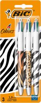 BIC Stylos à bille 4 couleurs à imprimé animal - Stylos à bille à pointe Medium - Divers motifs Safari - Lot de 3 - Imprimé animal Zebra Tigre Léopard Cheeta