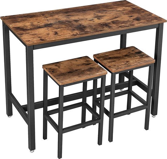 SIGNATURE HOME bartafelset - hoge tafel met 2 barkrukken - aanrecht met barkrukken - keukentafel en keukenstoelen in industrieel design - voor in de keuken -120 x 60 x 90 cm - vintage bruin-zwart