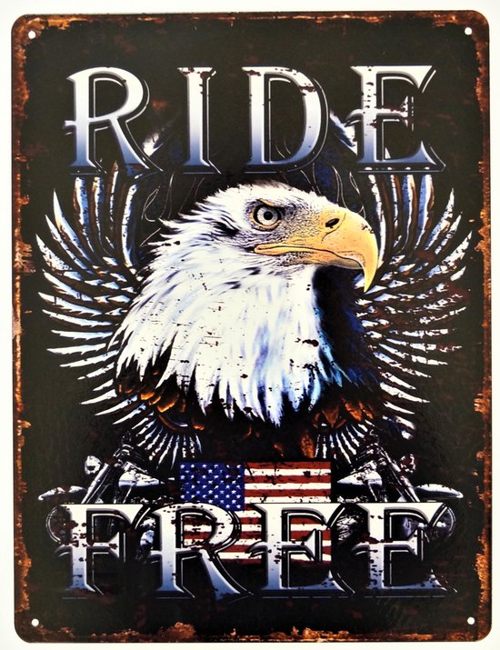 2D Metalen wandbord "Ride Free" 33x25cm
