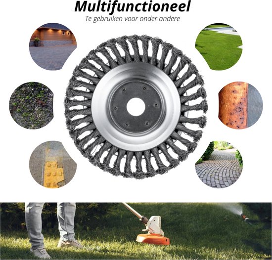 Multifunctionele metaalborstel voor grastrimmer, met toepassingen in de tuin.