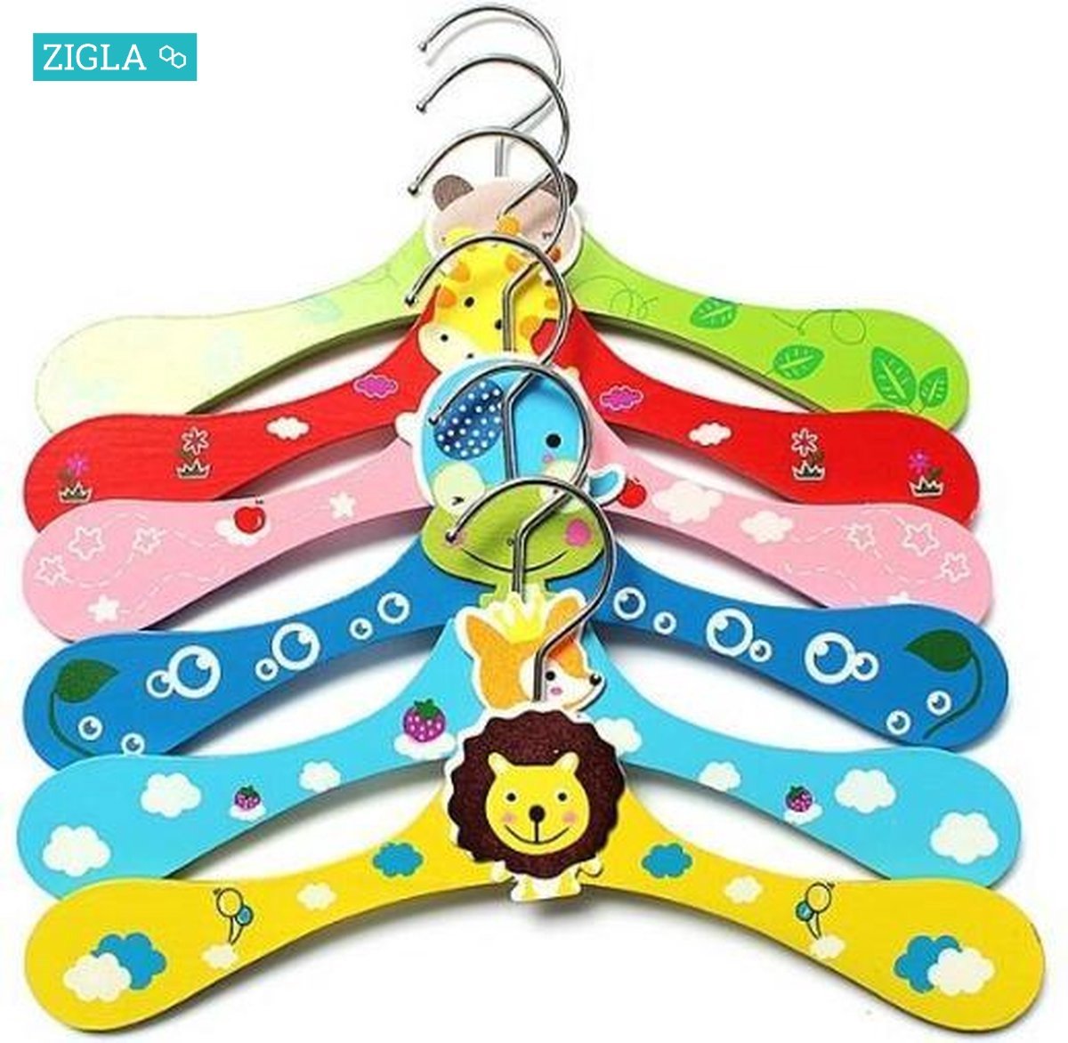 ZIGLA - Houten kledinghangers voor kinderen en baby's - Set van 12 stuks - Verschillende kleuren/dieren - 28xh15 cm