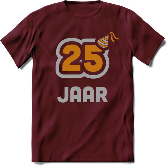 25 Jaar Feest T-Shirt | Goud - Zilver | Grappig Verjaardag Cadeau Shirt | Dames - Heren - Unisex | Tshirt Kleding Kado | - Burgundy - S