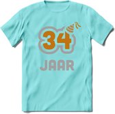 34 Jaar Feest T-Shirt | Goud - Zilver | Grappig Verjaardag Cadeau Shirt | Dames - Heren - Unisex | Tshirt Kleding Kado | - Licht Blauw - M