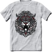 Tijger - Dieren Mandala T-Shirt | Rood | Grappig Verjaardag Zentangle Dierenkop Cadeau Shirt | Dames - Heren - Unisex | Wildlife Tshirt Kleding Kado | - Licht Grijs - Gemaleerd - 3