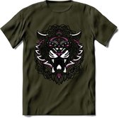 Tijger - Dieren Mandala T-Shirt | Roze | Grappig Verjaardag Zentangle Dierenkop Cadeau Shirt | Dames - Heren - Unisex | Wildlife Tshirt Kleding Kado | - Leger Groen - XXL