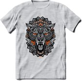 Wolf - Dieren Mandala T-Shirt | Oranje | Grappig Verjaardag Zentangle Dierenkop Cadeau Shirt | Dames - Heren - Unisex | Wildlife Tshirt Kleding Kado | - Licht Grijs - Gemaleerd - M