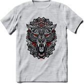 Wolf - Dieren Mandala T-Shirt | Rood | Grappig Verjaardag Zentangle Dierenkop Cadeau Shirt | Dames - Heren - Unisex | Wildlife Tshirt Kleding Kado | - Licht Grijs - Gemaleerd - M