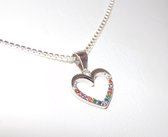 Hetty's - Zilver hartje - Zirconia's multi kleuren - compleet met ketting