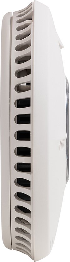 Zijaanzicht van een witte FireAngel rookmelder met ronde ventilatieopeningen.