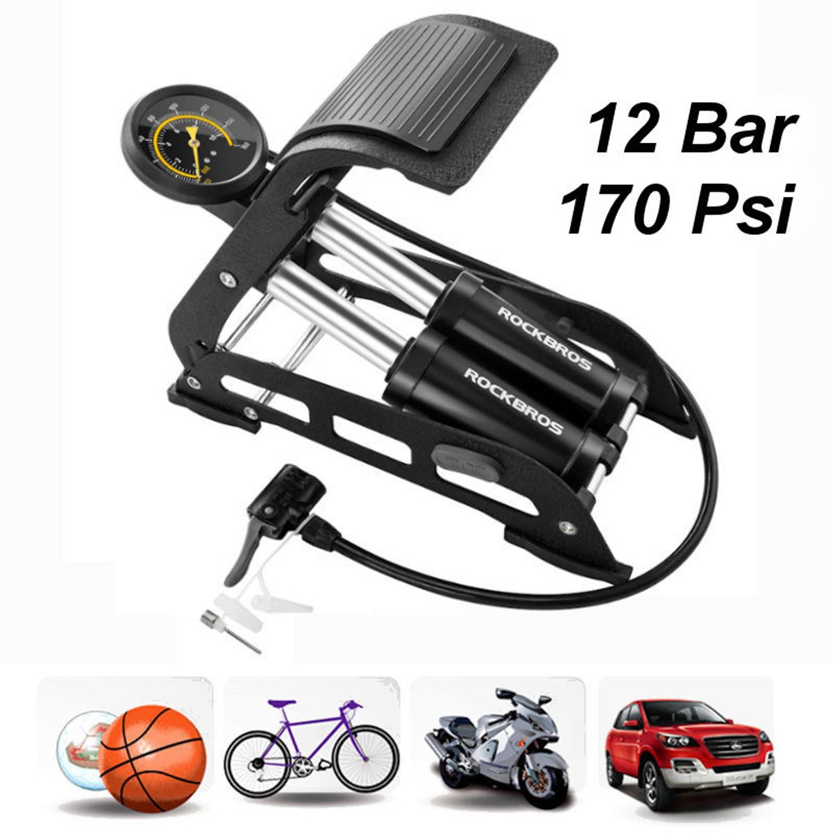 Decopatent® PRO Voetpomp - Fietspomp met drukmeter 170 Psi - Dubbele Cilinder en Manometer - Autobanden - Fietsenband - Motorband