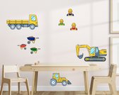Kinderkamer muurstickers met oa. een graafmachine, bulldozer en vrachtwagen