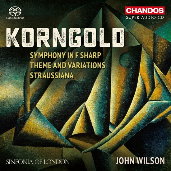 CD-hoes met abstracte geometrische vormen in goud, groen en zwart. Titel: KORNGOLD SYMPHONY IN F SHARP THEME AND VARIATIONS STRAUSSIANA.