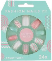 Fashion nails nepnagels "candy twist" - Roze / Blauw - Acryl - One Size - Set van 24 - Nagels - Spa - Salon