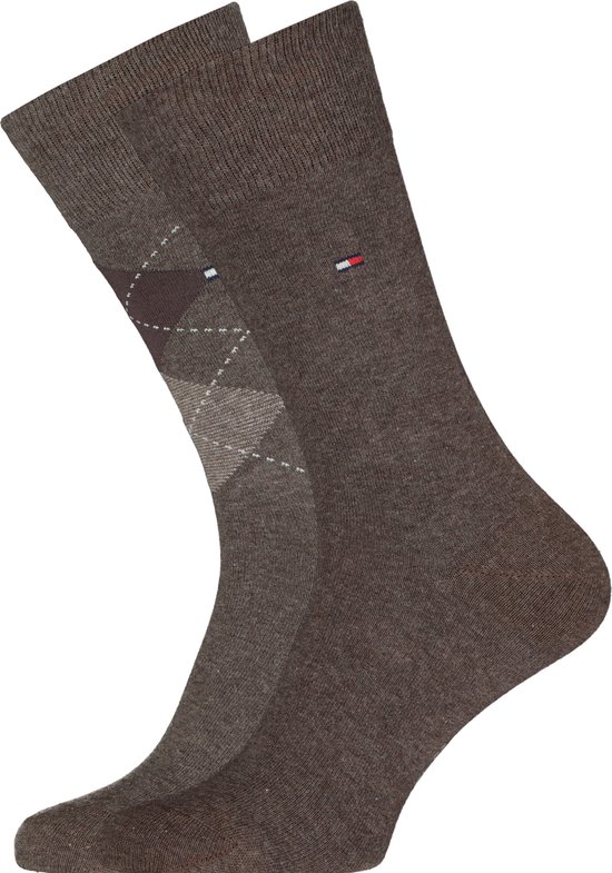 Tommy Hilfiger Check Socks (lot de 2) - chaussettes pour hommes en coton - à carreaux et unis - marron - Taille: 43-46