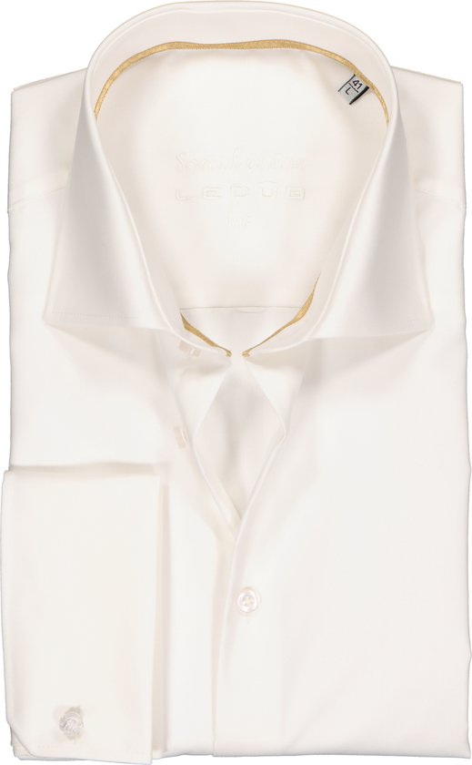 Ledub modern fit overhemd - dubbele manchet - beige twill - Strijkvrij - Boordmaat: 40