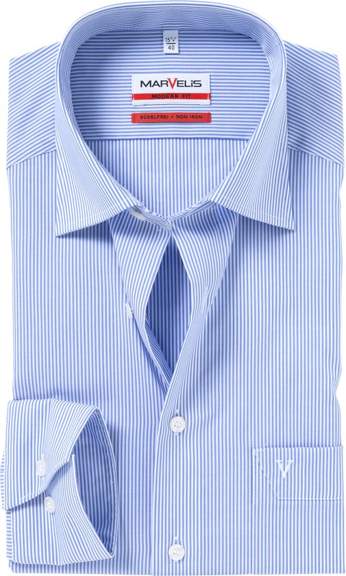 MARVELIS modern fit overhemd - blauw met wit gestreept - Strijkvrij - Boordmaat: 44