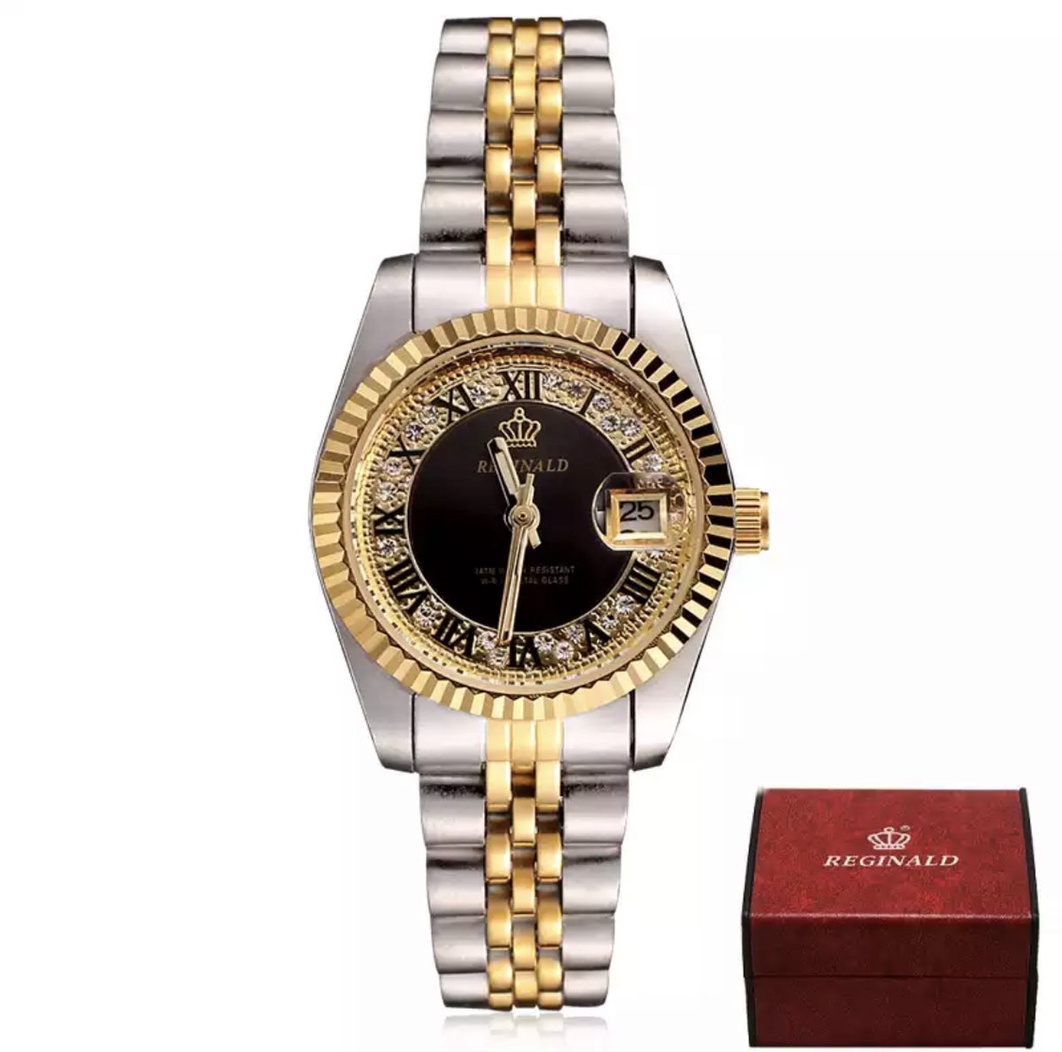 Reginald Horloges - Gold Black - Horloge vrouwen - Luxe Design - Dames horloge - 27 mm - Roestvrij Staal - Waterbestendig - Schokbestendig - Geschenkset