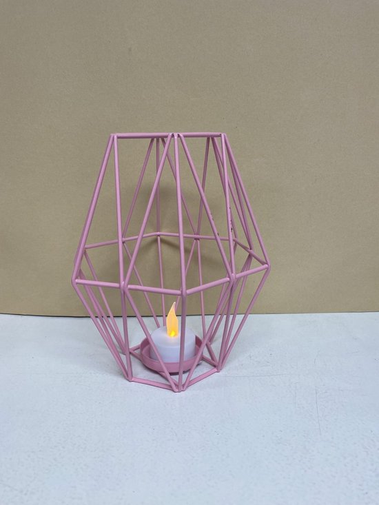 Industriele metalen theelichthouder - roze - met LED flame theelicht - hoogte 19 cm x 15 x 0.5 cm - Woonaccessoires