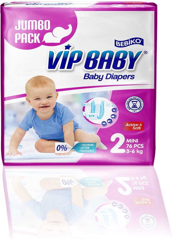 Bebiko VIP Baby Mini Jumbo Pack Active & Soft Pampers Luiers - Maat 2 (3-6 kg) - 228 stuks (3 x 76)